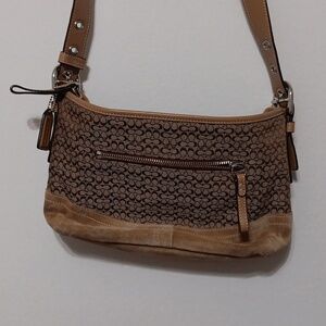 Vintage Coach Monogram Shoulder Bag: Tan Leather & Suede